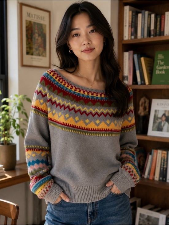 Sweaters - Grey Fair Isle Colourful Knit Sweater Size L